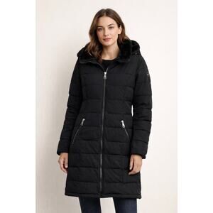 Andrew Marc Stretch New York Women M Long Black Puffer Coat Jacket Faux Fur Trim